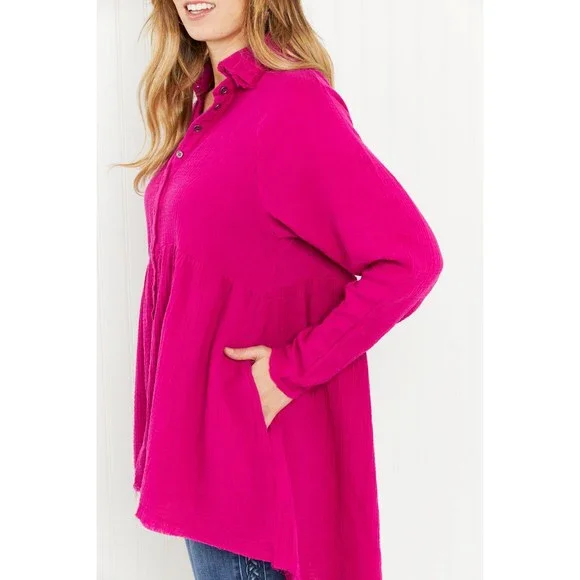 Hazel Blues Bright and Airy Raw Edge Peplum Shirt with Pockets - Picture 7 of 7